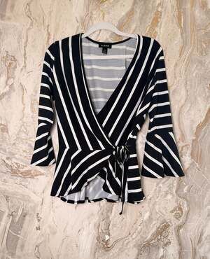 A. Byer Black and White Striped Wrap Blouse with Bell Sleeves Size M